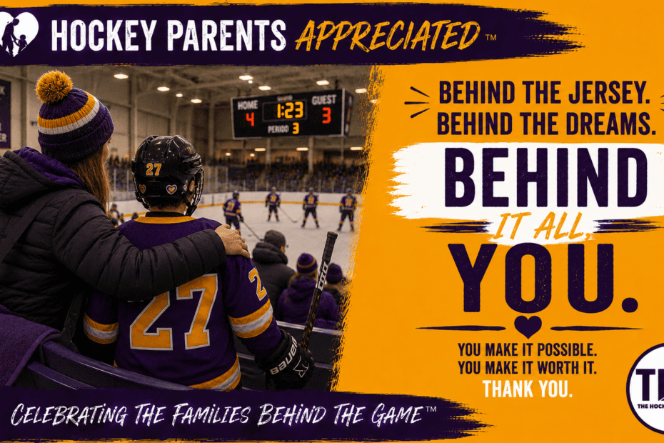 Hockey parent sitting beside a young hockey player in the arena stands, symbolizing the support, sacrifice, and dedication behind every hockey journey.