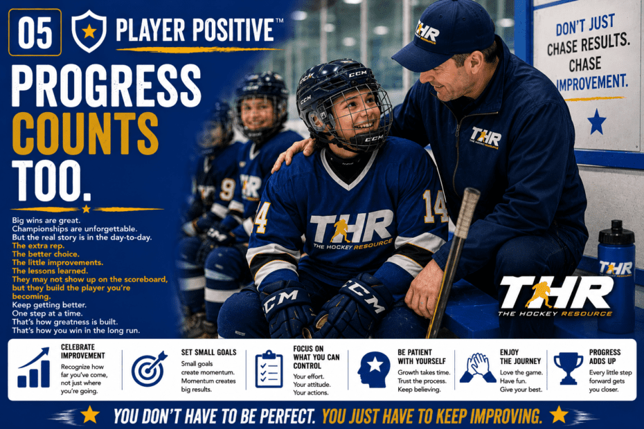 Young hockey player smiling beside a coach on the bench while learning that progress, daily improvement, patience, and consistent effort are the foundations of long-term hockey success and personal development.