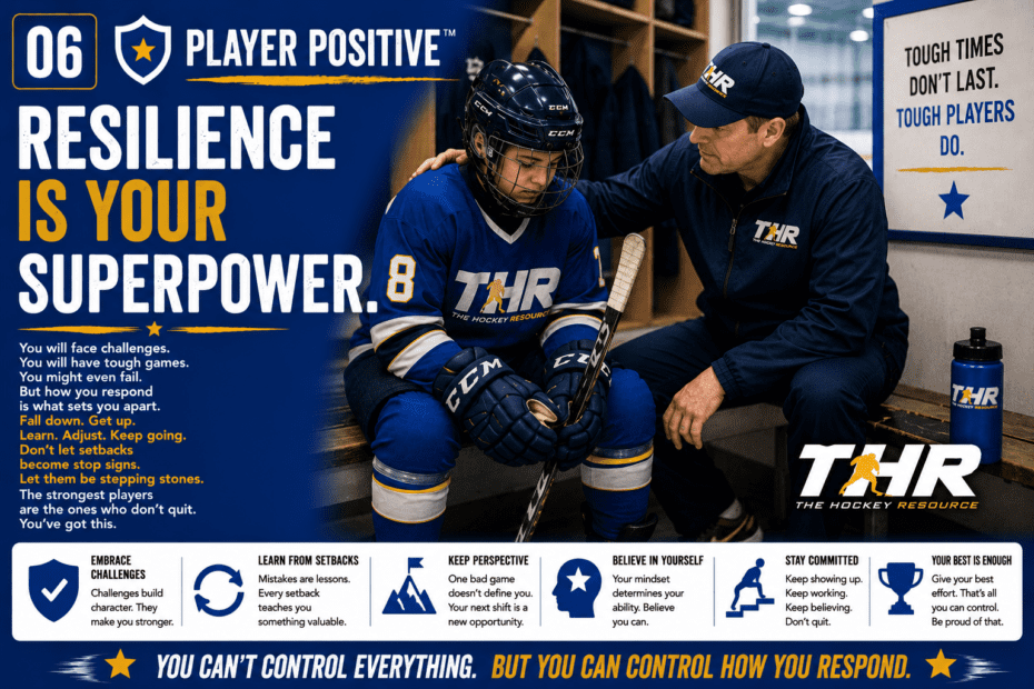 Youth hockey player receiving encouragement from a coach after a difficult moment, highlighting resilience, perseverance, mental toughness, confidence, and the importance of responding positively to challenges in hockey and life.