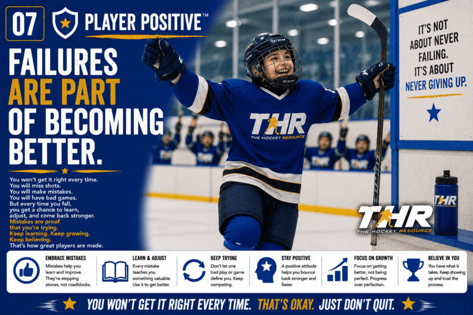 Young hockey player celebrating with confidence while learning that mistakes, setbacks, and failures are essential parts of growth, resilience, development, and long-term success in hockey and life.
