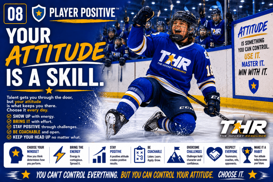 Young hockey player celebrating with enthusiasm while teammates cheer from the bench, illustrating how attitude, positivity, coachability, effort, resilience, and leadership contribute to success in hockey and life.