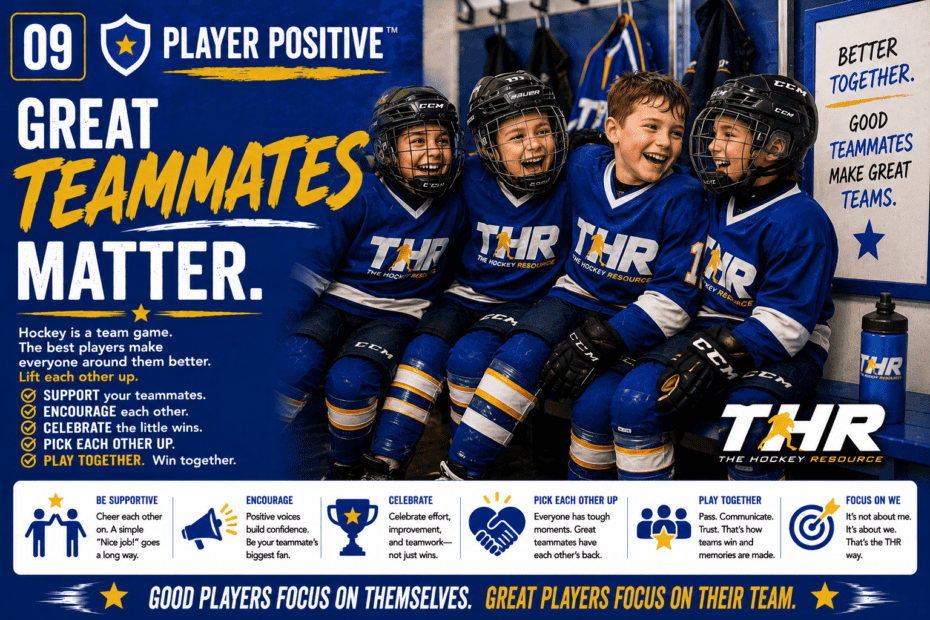 Young hockey teammates sitting together on the bench smiling and supporting one another, illustrating teamwork, friendship, leadership, positive culture, and the importance of being a great teammate in hockey and life.