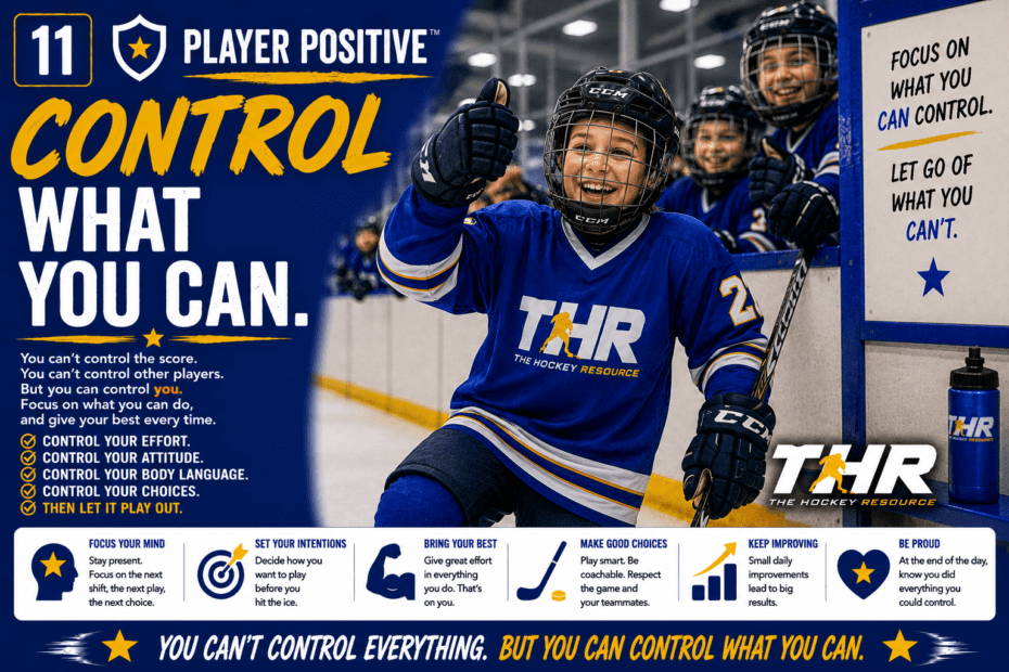 Young hockey player giving a thumbs-up from the bench while teammates smile behind him, representing the importance of focusing on effort, attitude, preparation, and controlling what you can in hockey and life.