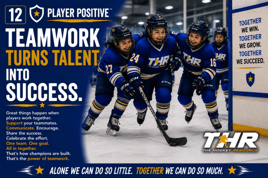 Youth hockey players skating together and supporting one another on the ice, representing teamwork, communication, trust, encouragement, and the power of achieving success as a team.
